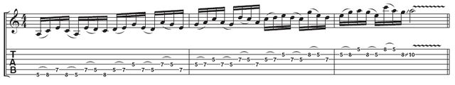 It's quite easy to start thinking in triplets, as the first three notes are grouped in a suggestive manner. This is wrong, however, and you should take the time not only to concentrate on the eight note phrase, but to maintain a pulse with your foot. Notice in the video how Paul often nods his head on each beat. It can help to find the strong beats (ie, the slide in the next bar) when you are playing odd groupings of notes.